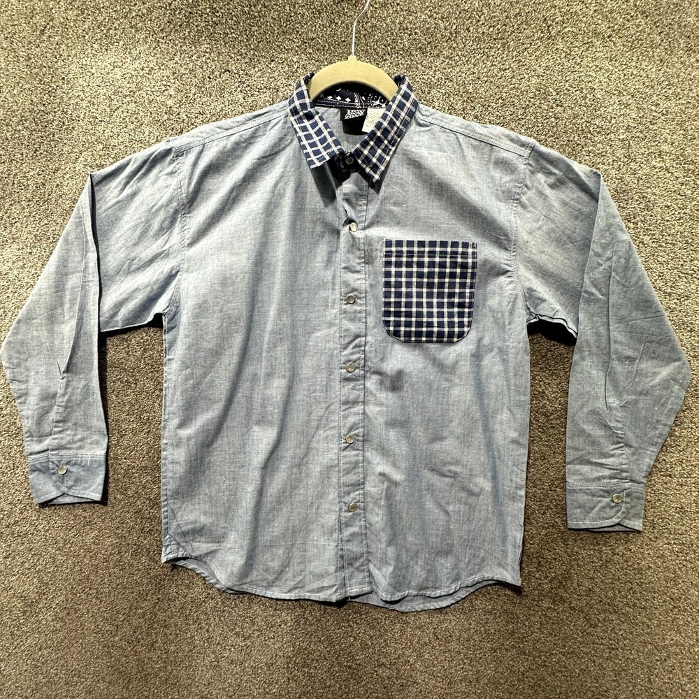 VTG Tow Away Zone Denim Blouse‎ Top Women L Blue Long Sleeve Button Up Pocket